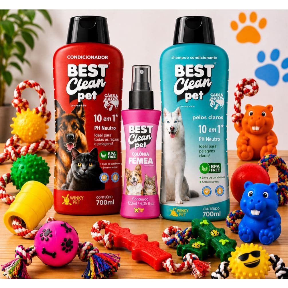 Kit Completo de Shampoo Condicionador Pet Pelos Claros com Perfume e Brinquedo