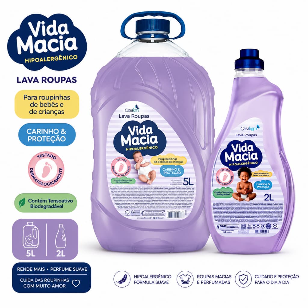 Lava Roupas Liquido Vida Macia 2 ou 5 Litros Casa Km Hipoalergênico para Bebes