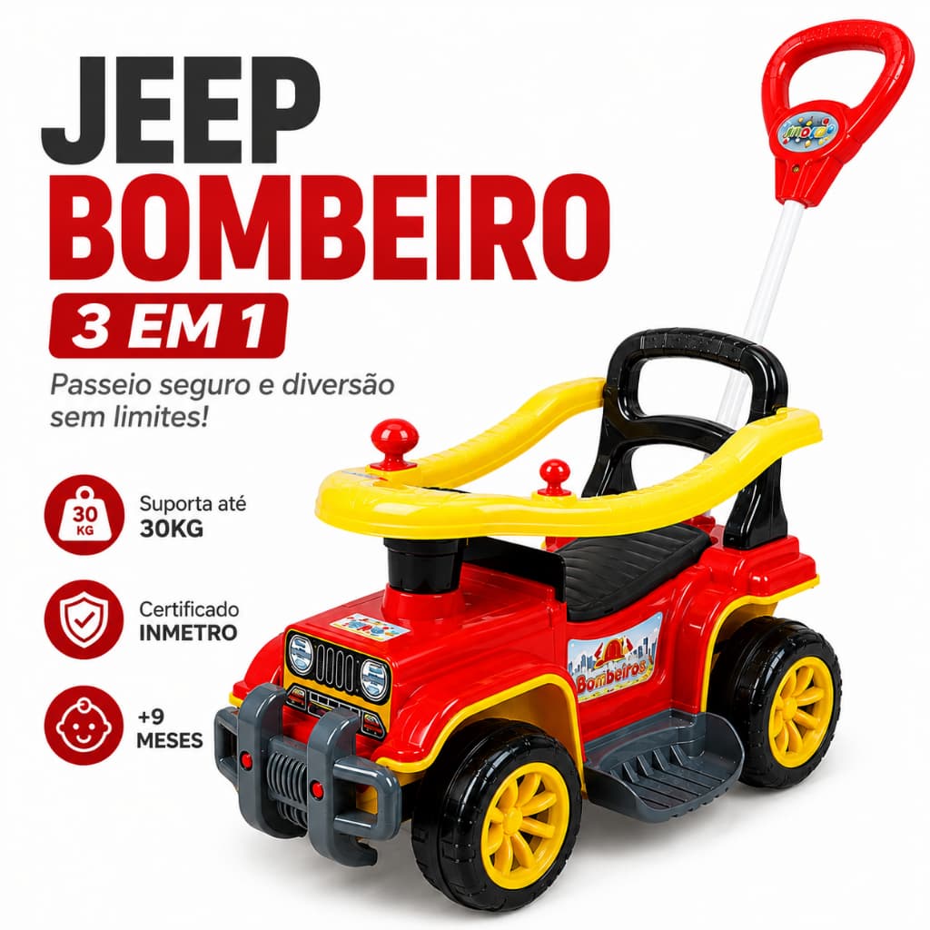 Carrinho Passeio Infantil Jeep Bombeiro 3 em 1 com Guia Direcional, Proteção e Buzina Divertida