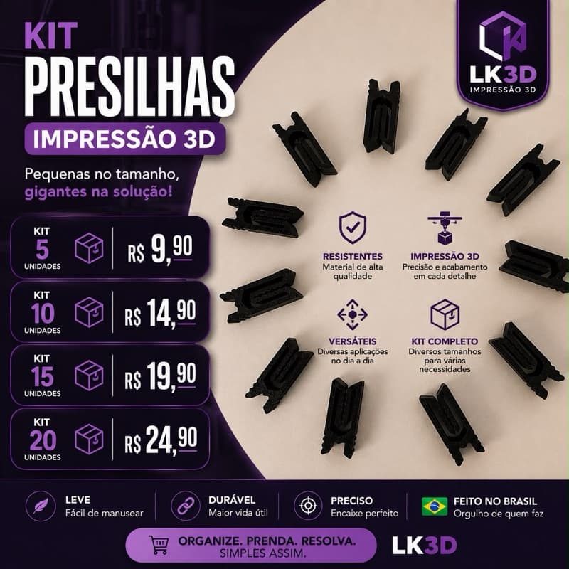 Presilhas para saco na cor preta. Impressão 3D