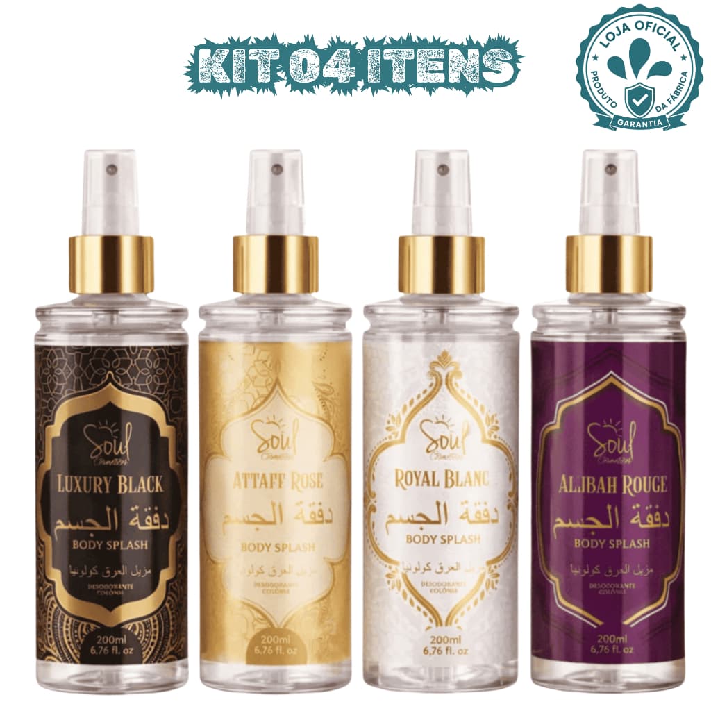 Kit 4 Body Splash Árabe Alta Fixação Luxury Black Attaff Rose Royal Blanc Allibah Rouge Perfume Soul