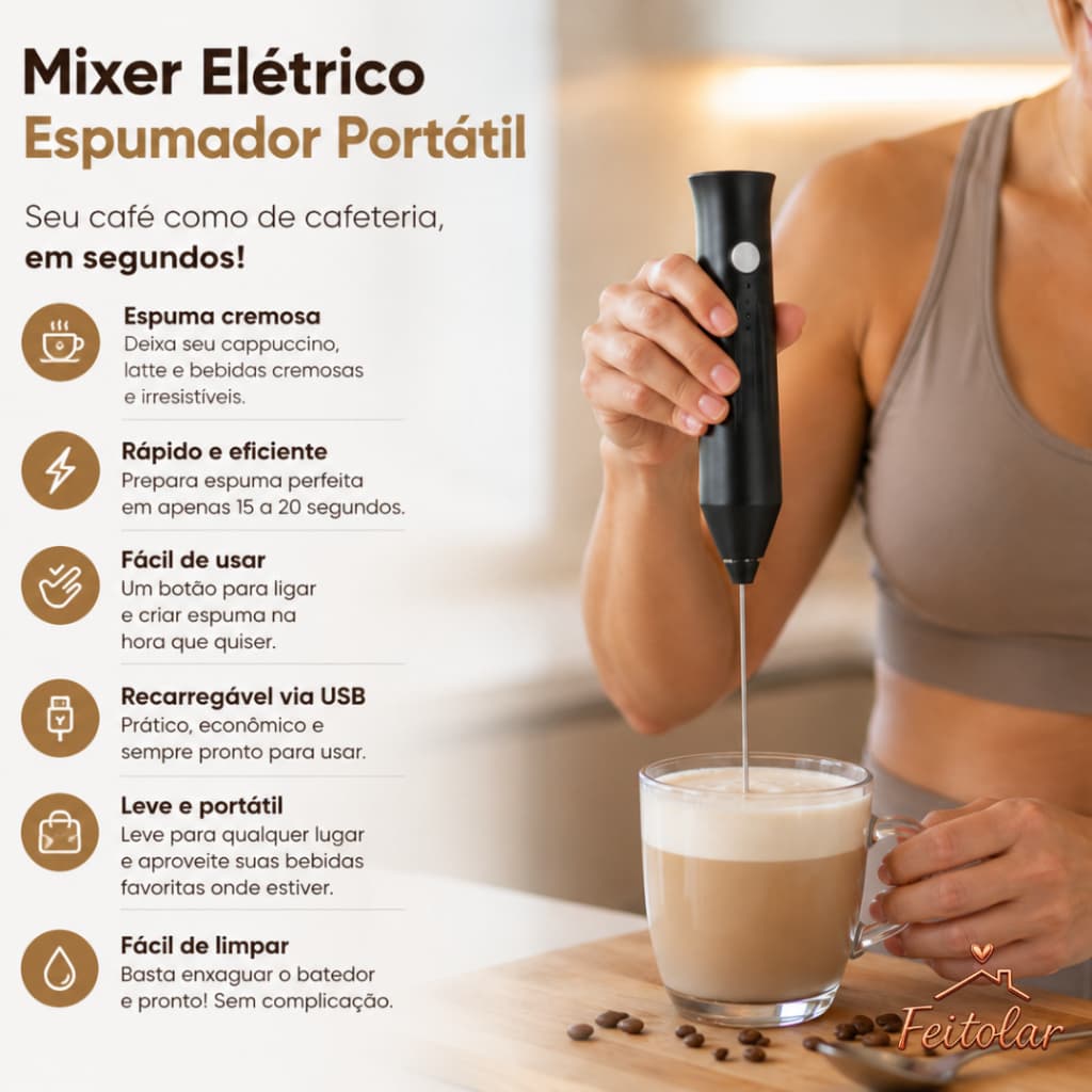 Mixer Elétrico Portátil 3 Velocidades com 2 Ponteiras USB Muito Mais Cremoso Cor Branca