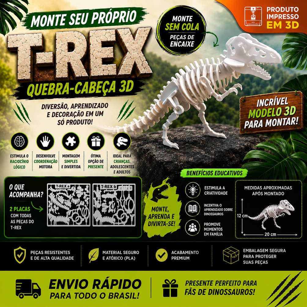 Quebra-Cabeça 3D T-Rex para Montar | Monte Seu Próprio Dinossauro