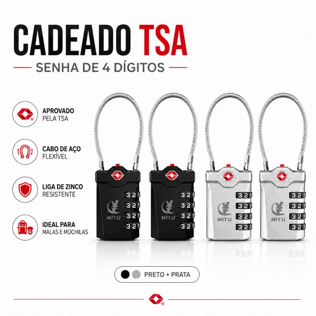 Cadeado de combinação de 4 dígitos para bagagem com senha e cabo para mala TSA Customs