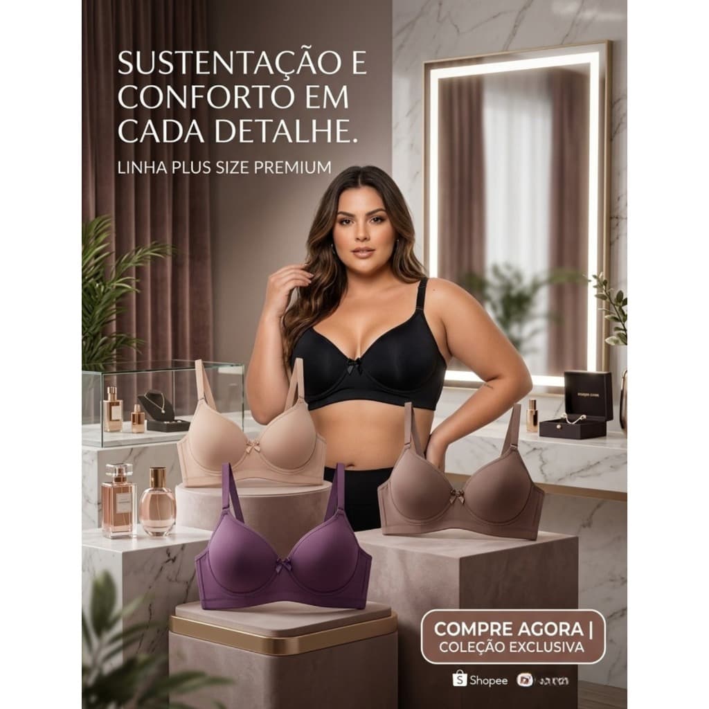 Kit 2 Sutiãs Plus Size 3 Fechos Reforçado Soutien Sutia Com Bojo Liso Alça Reforçada Aro Sustentação Sutian