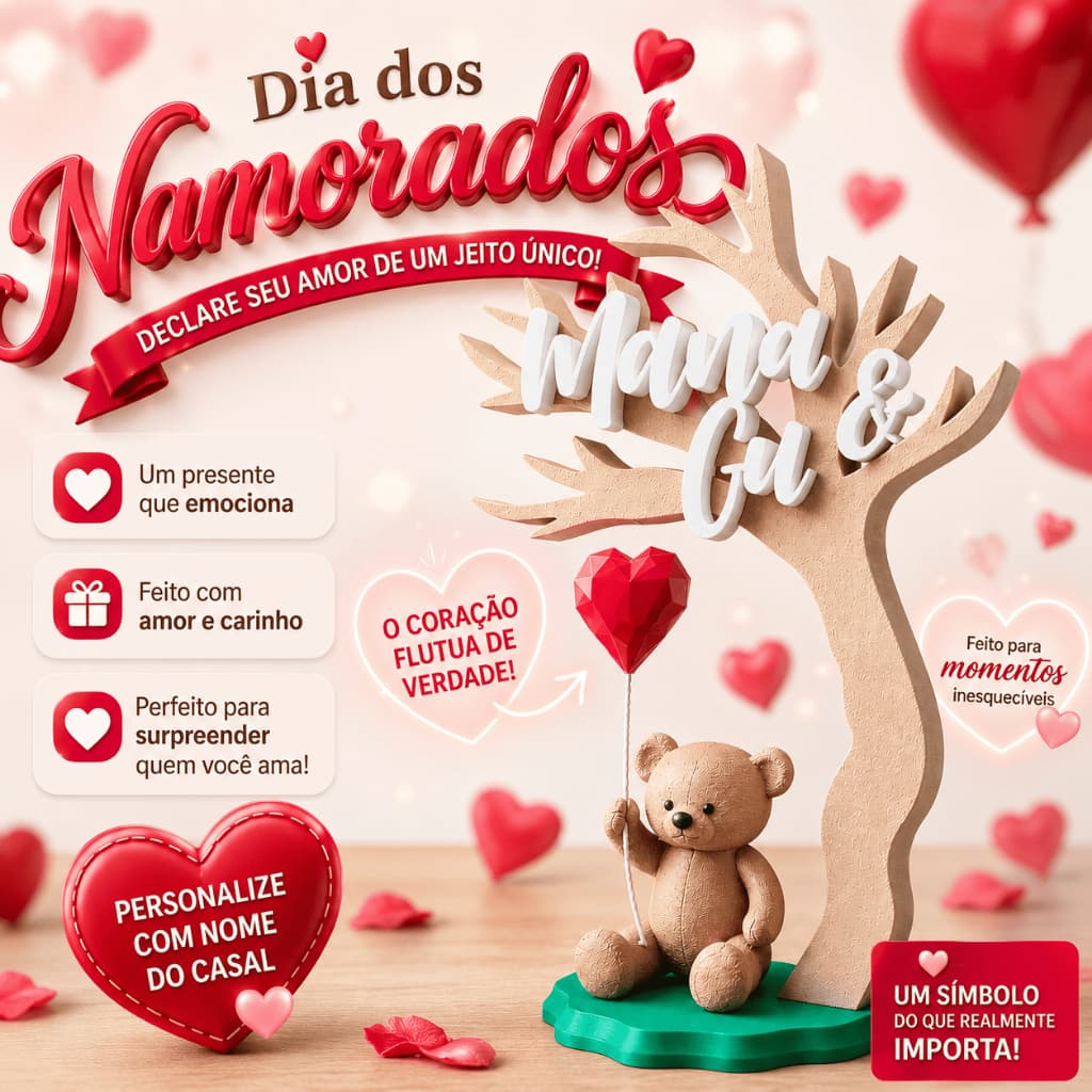Presente Dia dos Namorados Personalizado com Nome do Casal | Urso e Coração Flutuante