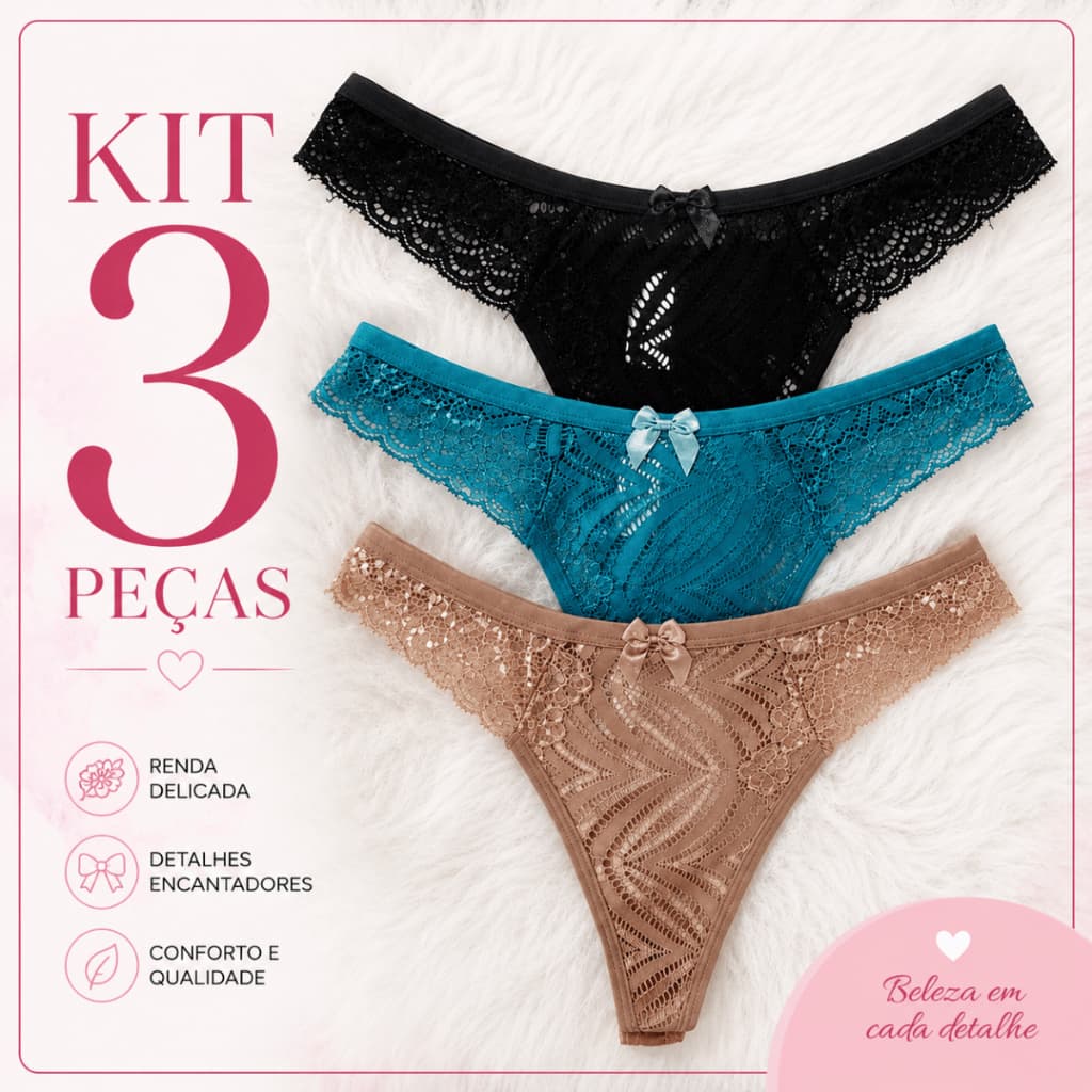 Kit 3 Calcinha Fio Duplo Feminina em Renda Sofisticada e Poliamida de Alta Qualidade Conforto e Beleza