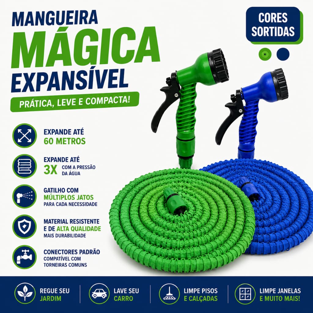 Mangueira Mágica Expansível 60 Metros com Gatilho Multifuncional  - AguaMax Supreme