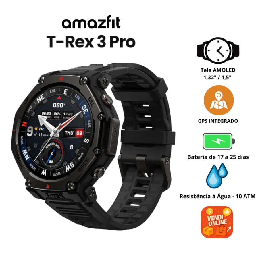 Relógio Smartwatch Amazfit T-Rex 3 Pro | Bluetooth | GPS | Tela Safira | AMOLED | Resistência 10ATM | 180+ Esportes