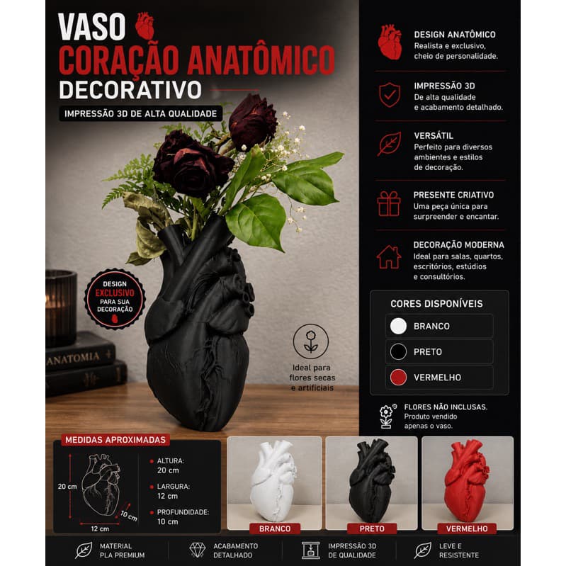 🖤 VASO CORAÇÃO ANATÔMICO DECORATIVO 🖤