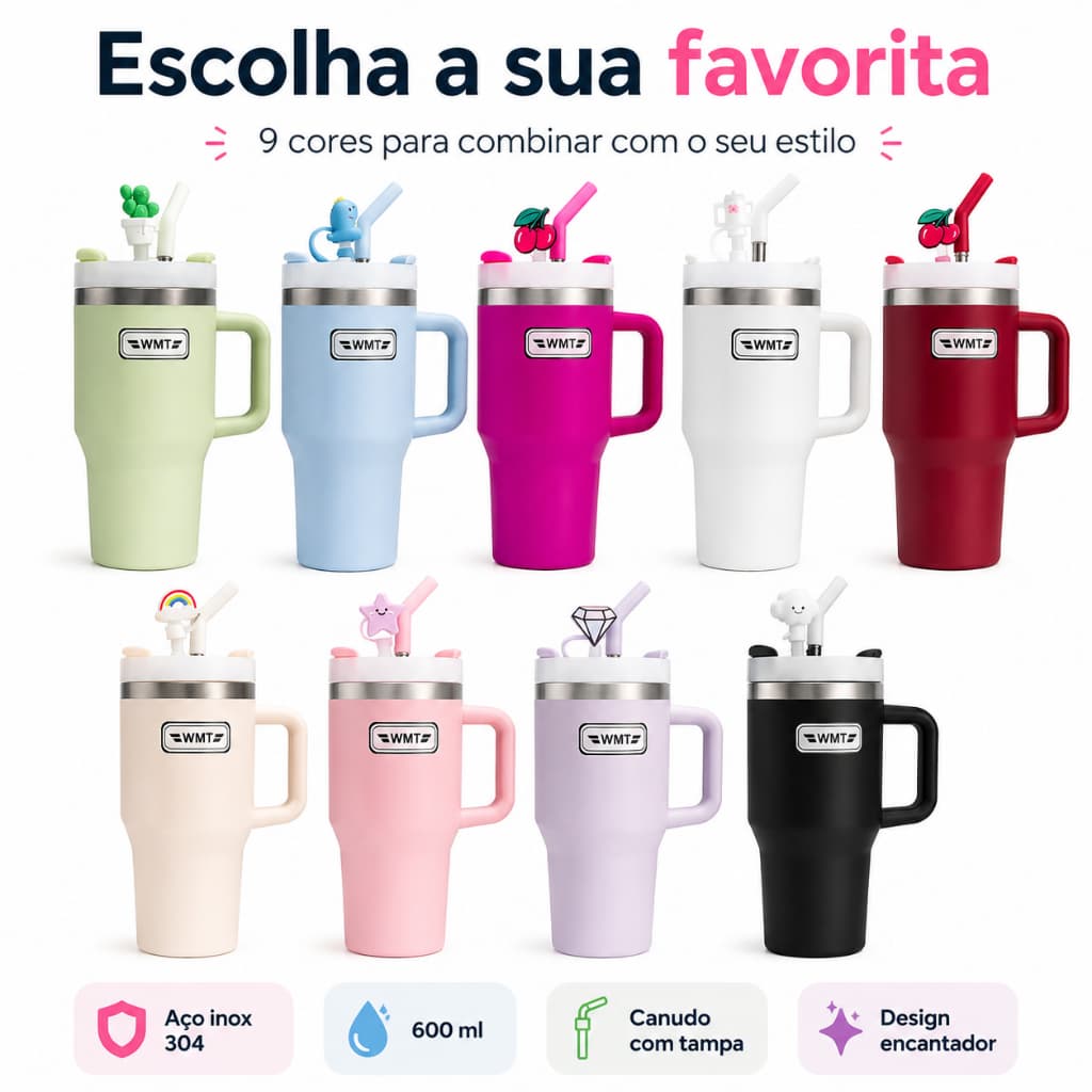 Copo Térmico 600ml Aço Inox 304 com Alça Tampa Canudo e Enfeite