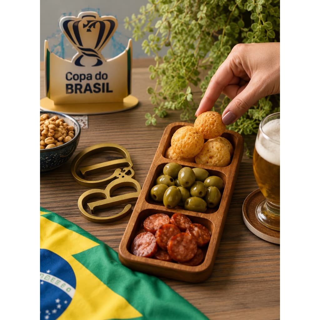 Gamela Petisqueira Retangular 3 Divisões em Madeira Maciça 32x12 cm Tábua Petisqueira Gourmet