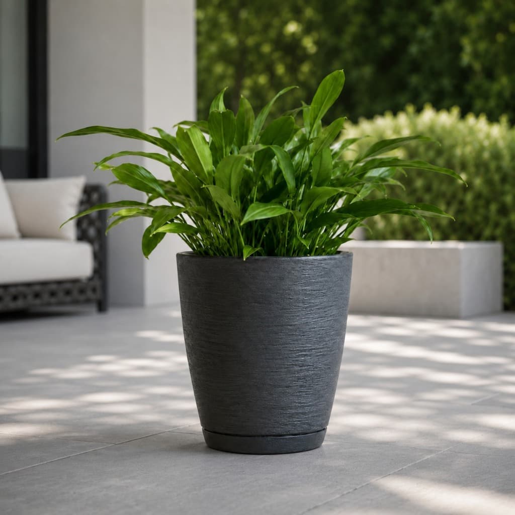 Vaso de Planta Decorativo Cone Bojo 28x25 Escovado Textura com Prato em Polietileno