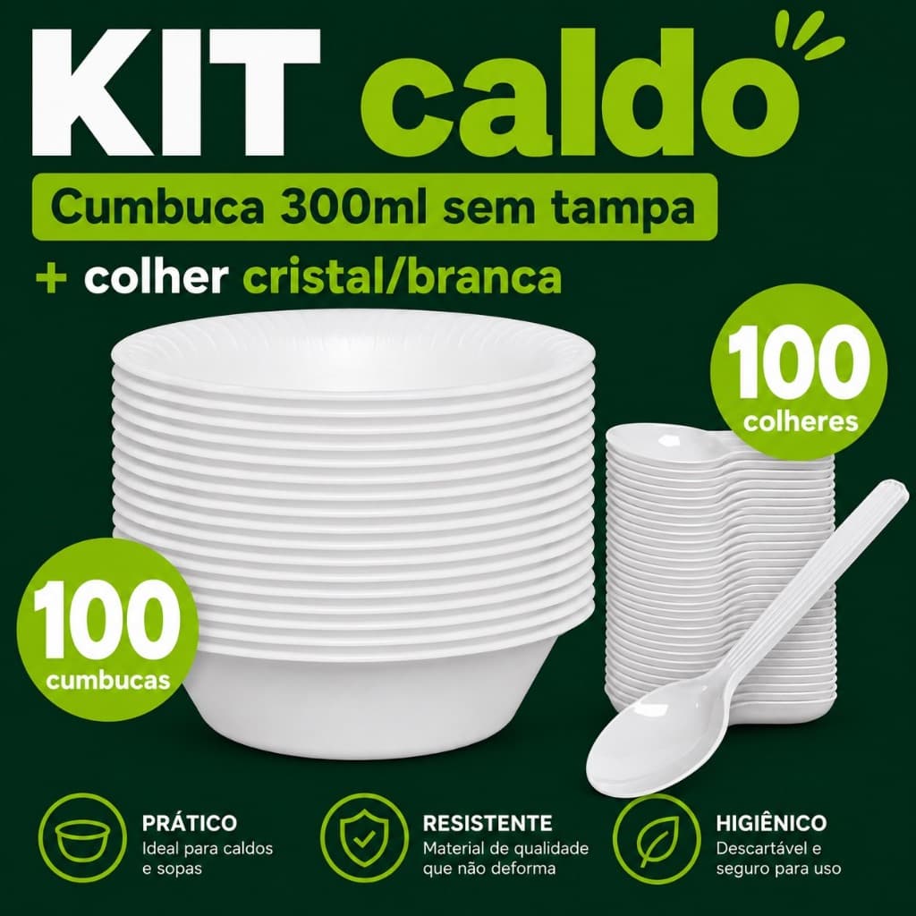 Kit Caldo Com Cumbuca 300ml 100 Unidades Sem Tampa + Colher Cristal/Branca Com 100 Unidades para caldos e sopas