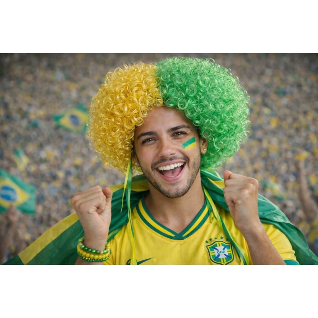 Peruca Verde Amarelo Cacheado Torcida Copa Do Mundo Brasil