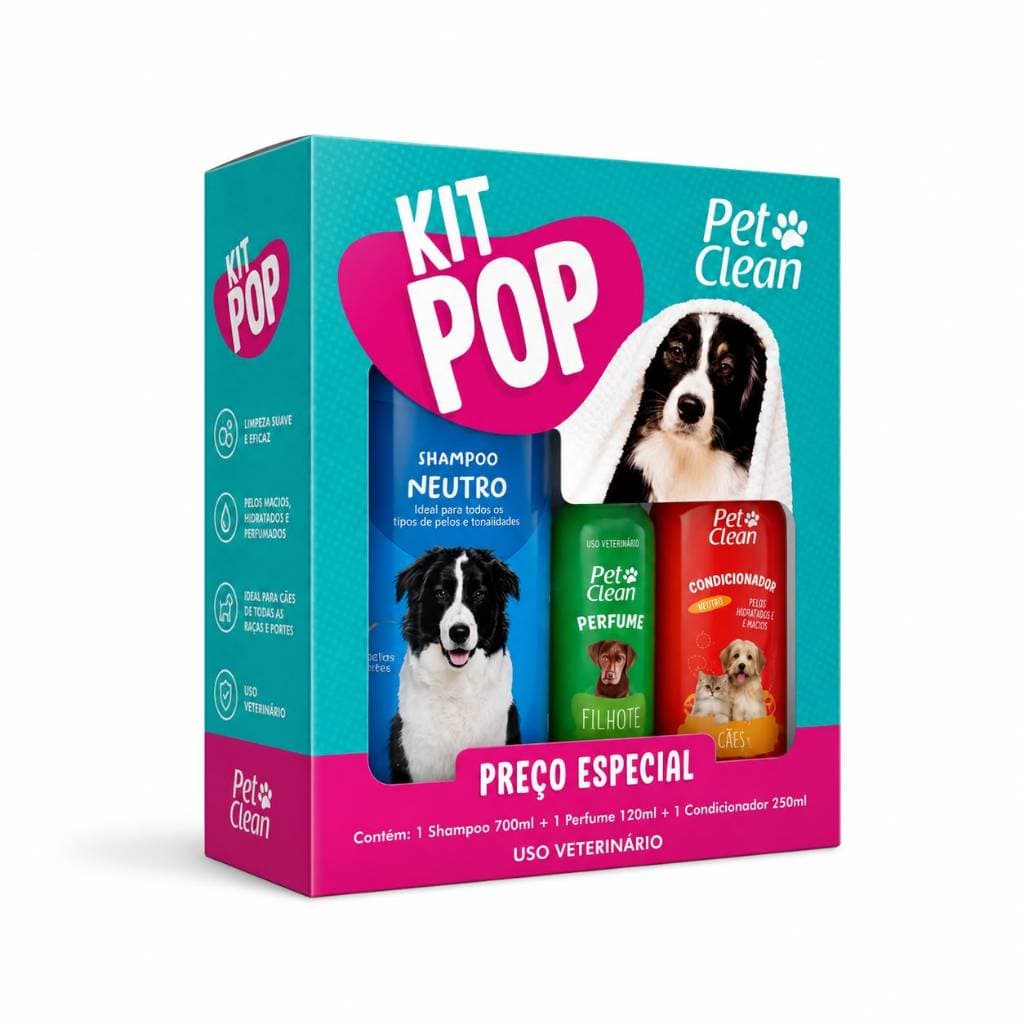 Kit Banho Pop Pet Clean - 1 Shampoo + 1 Perfume + 1 Condicionador Cães Gatos