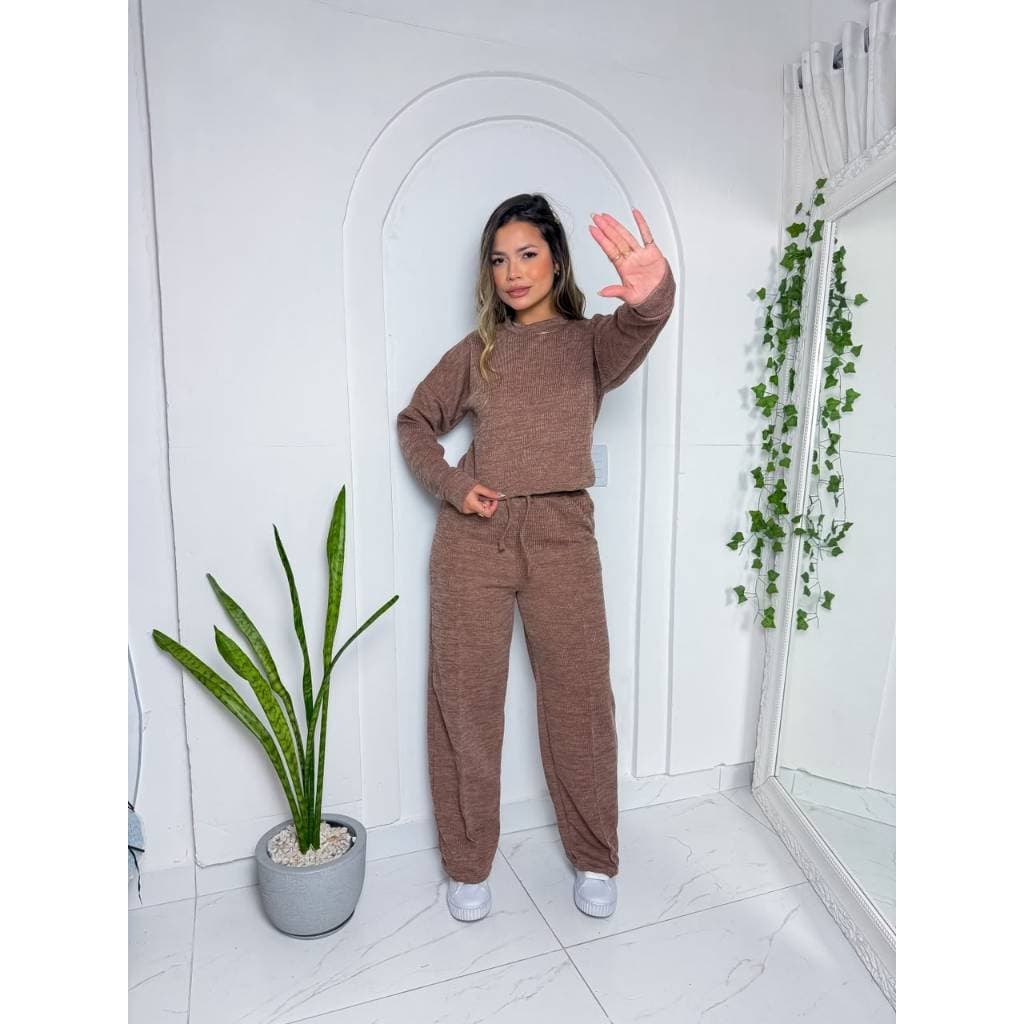 Conjunto Feminino Inverno Malha Melange Manga Longa Calça Pantalona Confortável
