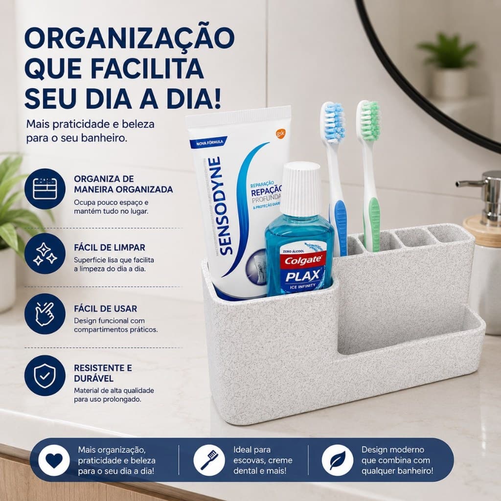 Suporte Porta Escovas e Creme Dental para Banheiro | Organiza, Compacto, Prático e Fácil de Limpar | 10%OFF 2ª Unidade