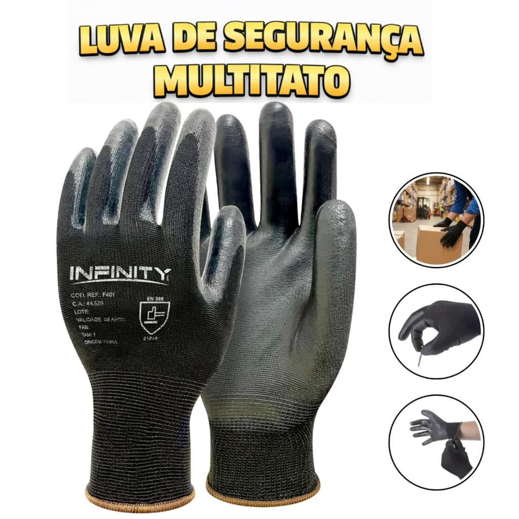 Kit 12 Luva De Segurança Multitato Tatil Banhada Luva Pu Black P M G GG Mecanico Pedreiro Eletricist