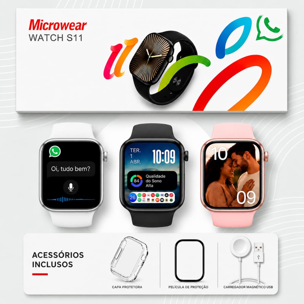 Relógio Smartwatch W11 Pro Série 11 AMOLED 2,02” 46mm Faz e Recebe Ligações GPS WhatsApp NFC