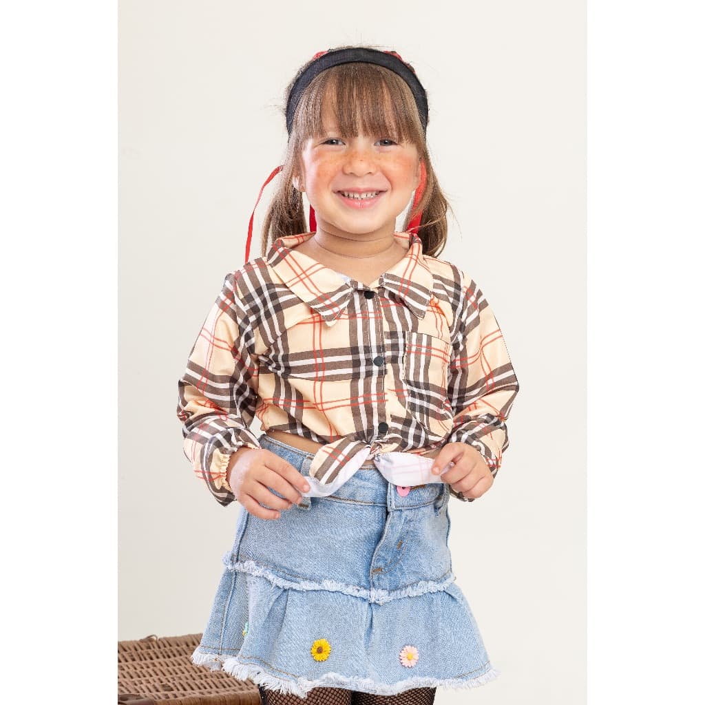 Camisa Xadrez Infantil Menina Festa Junina | Cropped Manga Longa Com Amarração