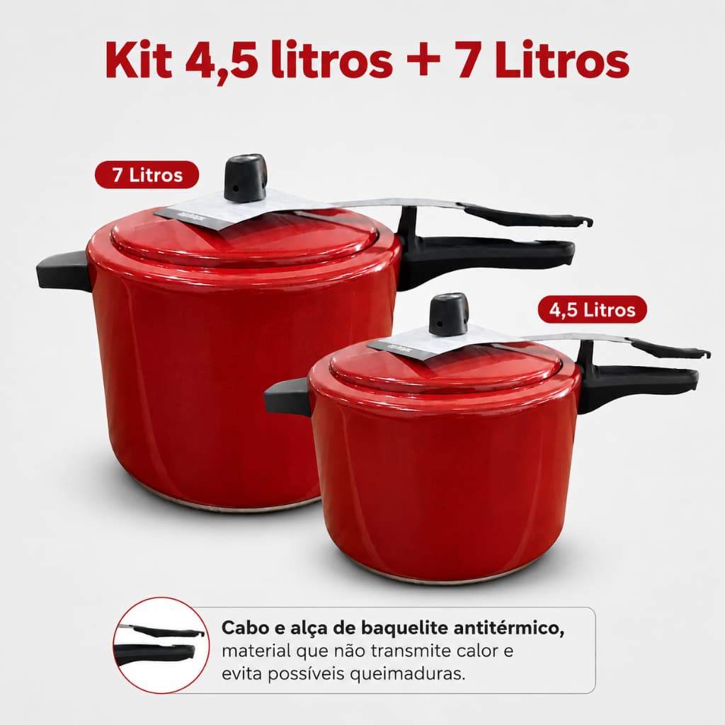 Kit 2 Panelas de Pressão 4,5 Litros + 7 Litros Cor Vermelho Cereja - ASJ Panelas