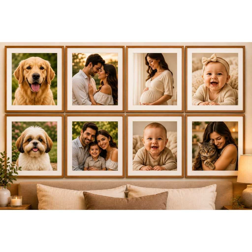 Kit 8 Quadros Personalizados 20x20 com Fotos Família Casal Decoração Quarto