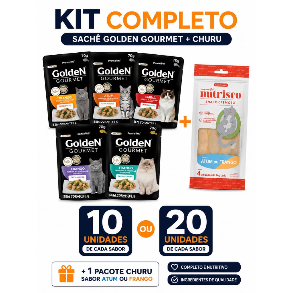 Kit Sachê Golden Gourmet Gatos 10/20 un + Churu Nutrisco Petisco Cremoso Gatos