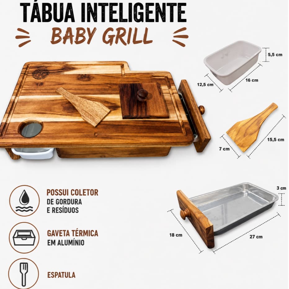 Tábua de Carne Inteligente para Churrasco Baby Grill com Gaveta de Alumínio e Coletor de Gordura