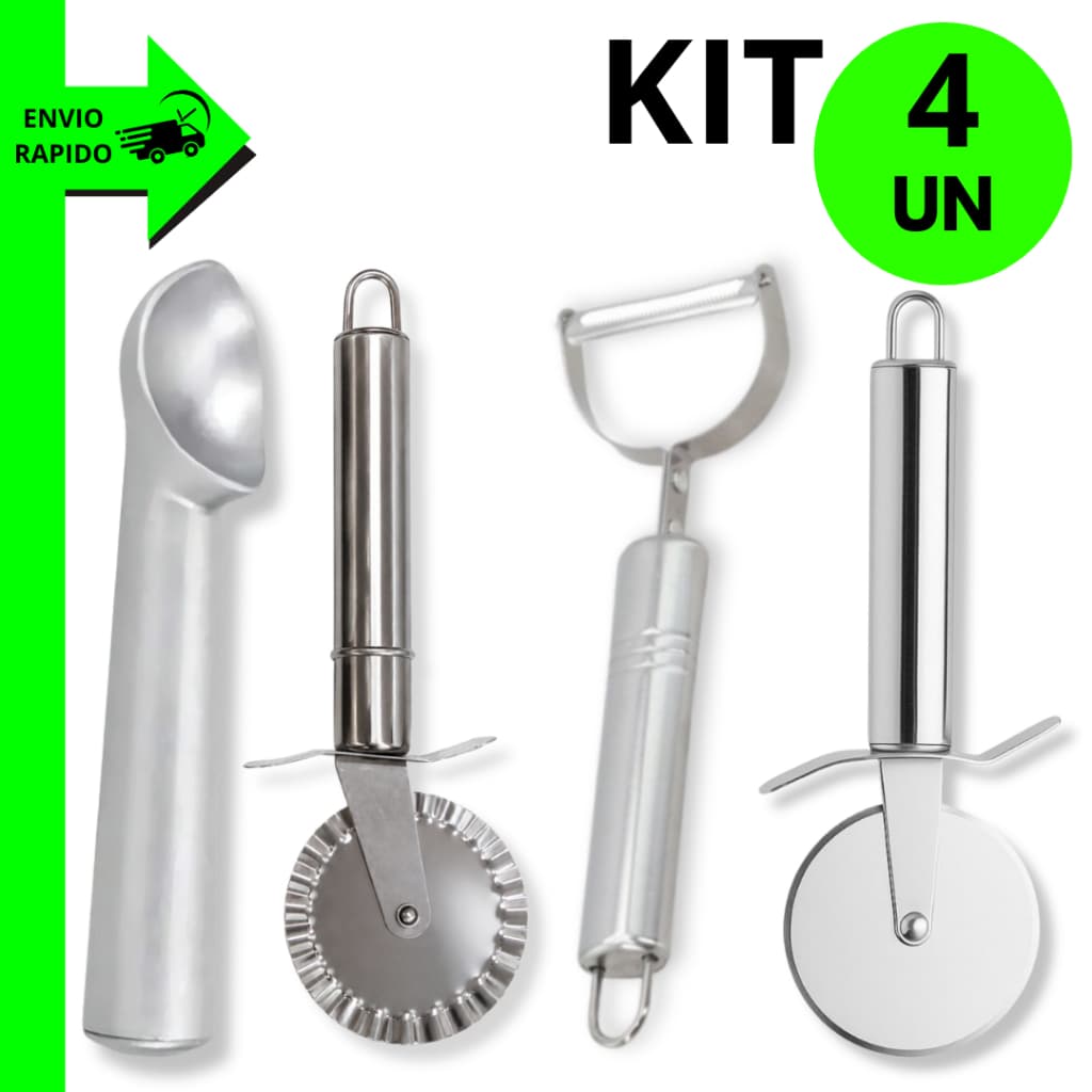 Kit Utensílios Cozinha em Inox Cortador Pizza Pastel Descascador Legumes Colher Sorvete Completo