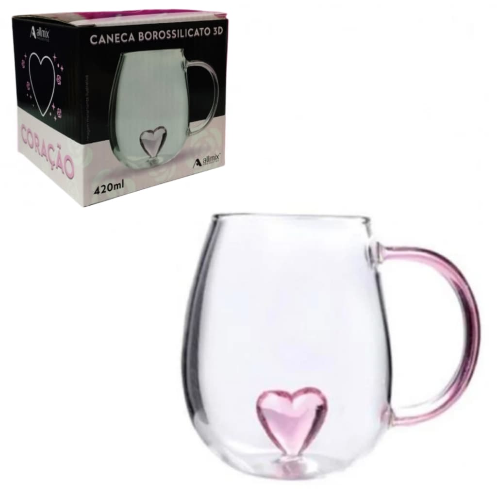 Caneca de Vidro Coração 3D 420ml