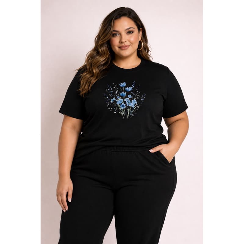 Camiseta Plus Size Feminina Floral Azul Minimalista Preta