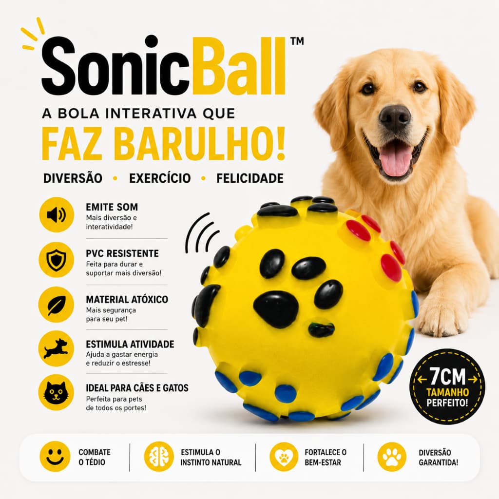 Bola Interativa Cachorro Gato Com Som SonicBall™ Brinquedo Pet Resistente Mordedor PVC Atóxico 7cm