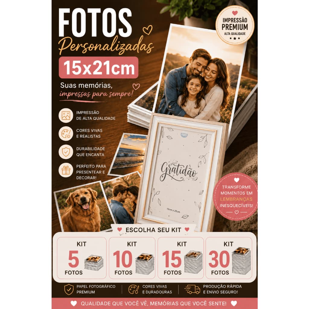 Fotos 15x21 Personalizadas - Kits com 5, 10, 15 e 30 Fotos Impressas - Porta Retrato - Papel Fotográfico
