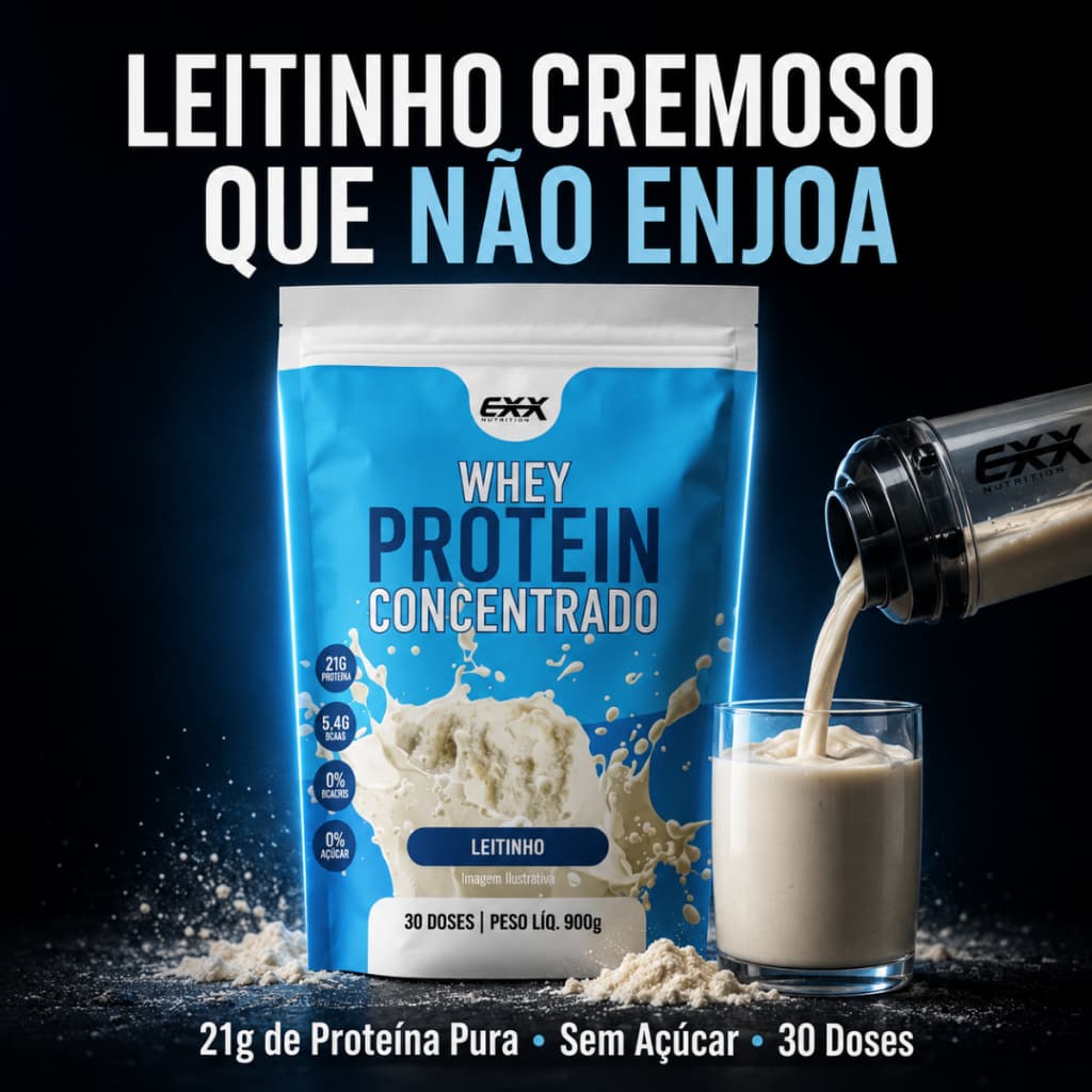 Whey Protein Concentrado  900g Leitinho Cremoso Não Enjoa Puro Sem Açúcar 21g