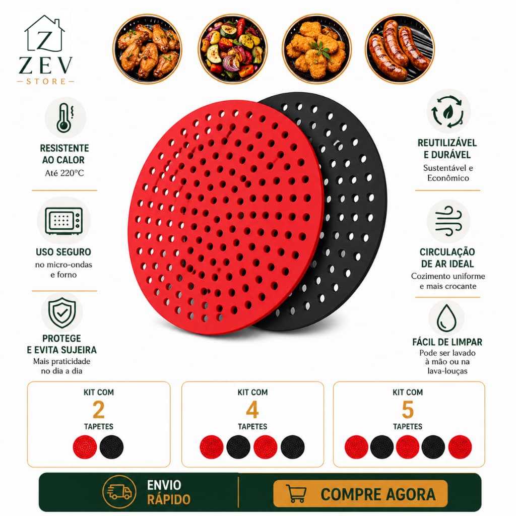 Kit 5 Tapetes Perfurado de Silicone para Air Fryer Menos Sujeira Mais Praticidade Kit Econômico