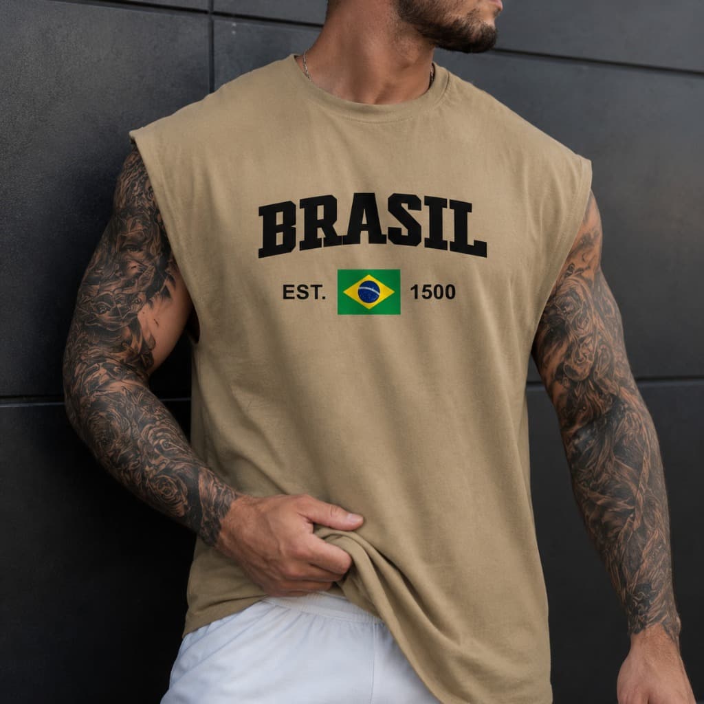 Camiseta Cavada Machão Brasil Masculinas 100% Algodão Confortável Estampa Brasil Manga Cavada Gola Redonda Unissex