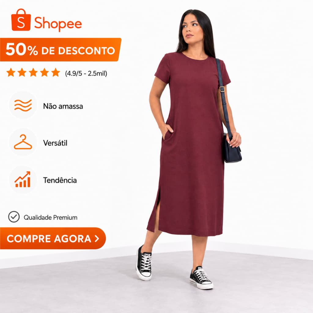 Vestido Feminino Manga Curta Linho Longo Não Amassa Elegante Forrado Fenda Lateral Bolso Zíper Costas Verão Inverno
