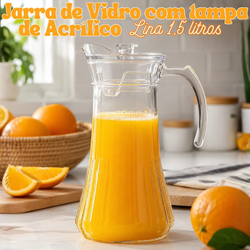 Jarra de Vidro 1,5 litros Com Tampa Acrílico Lina Jarra para Sucos Água Vidro Resistente