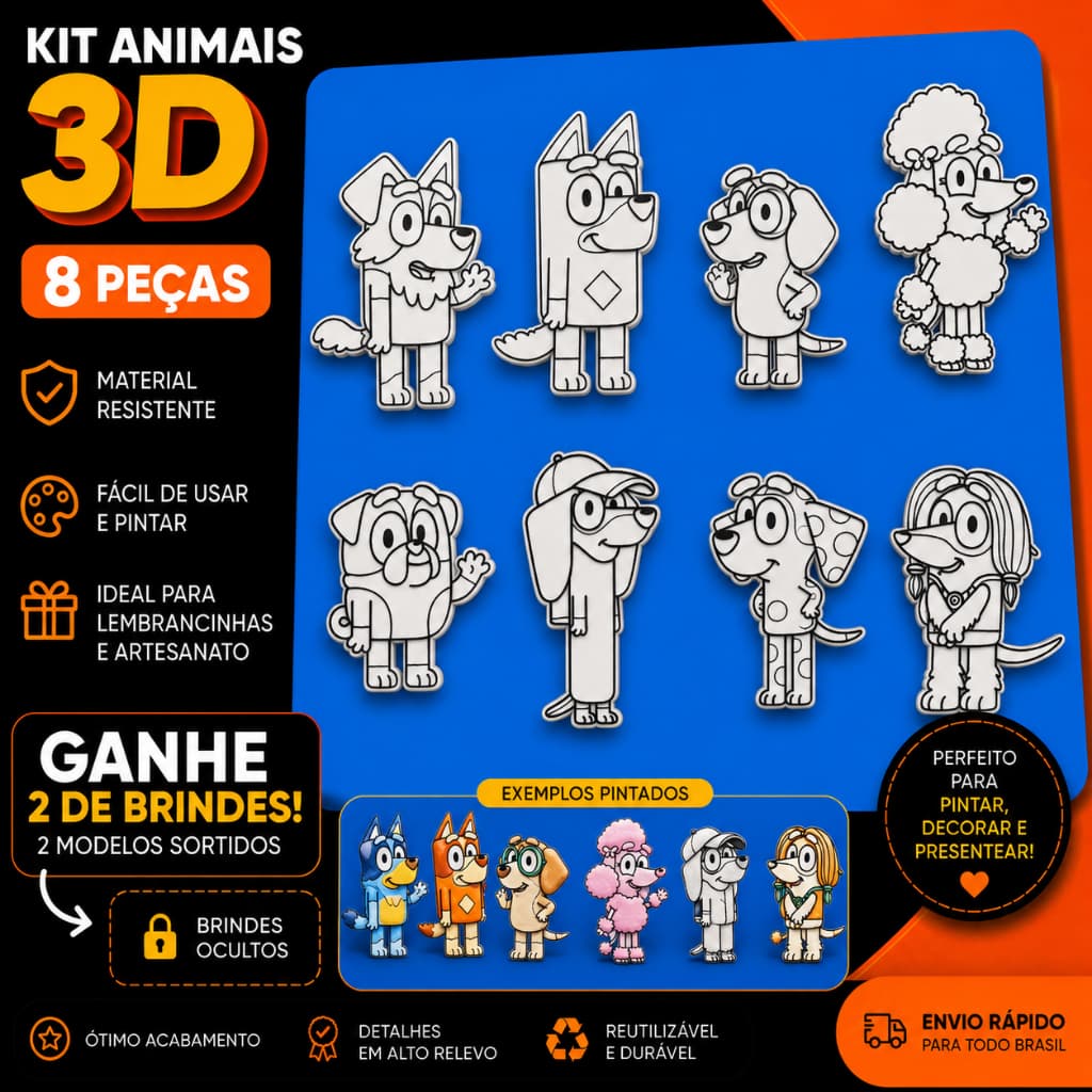 Kit Cachorrinhos infantil Bluey 3D Para Pintar Infantil Atacado Lembrancinha Festa 8 Peças + 2 Brindes