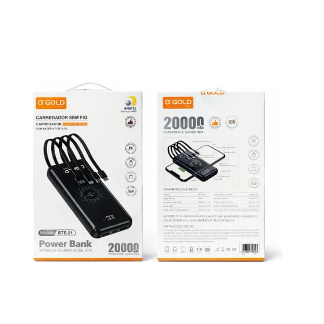 Power Bank A'Gold Bte-21 20000mah Indução + Cabos Original