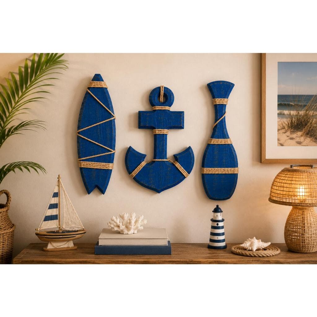 Kit Decoração Náutica Parede 3 Peças Madeira Rústica Praia Sala Quarto Enfeite de Praia