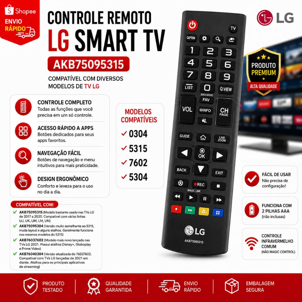 Controle Remoto LG TV Smart AKB75095315
