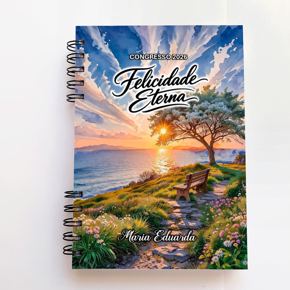 Caderno congresso JW personalizado com nome do comprador, agenda, Jw, A5, Felicidade eterna