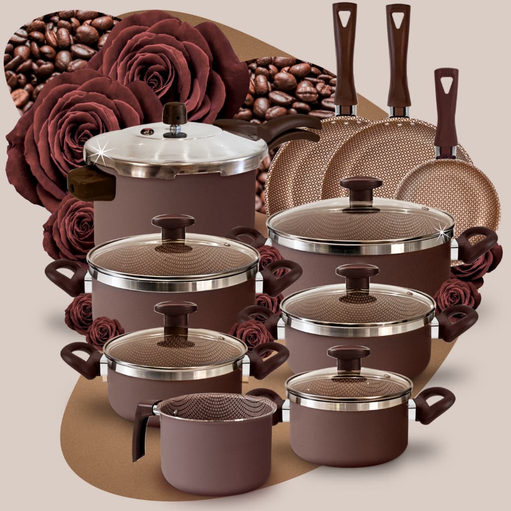 Conjunto de Panelas Mocha Mousse Antiaderente Grossas  & Pressão 4,5l + Frigideiras + Fervedor 10 Pc