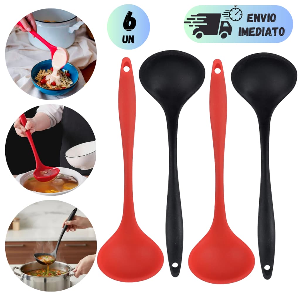 KIT CONCHAS DE SILICONE 28CM PARA FEIJÃO SOPAS CALDOS UTENSILIOS DE COZINHA RESTAURANTE COR PRETA OU VERMELHA