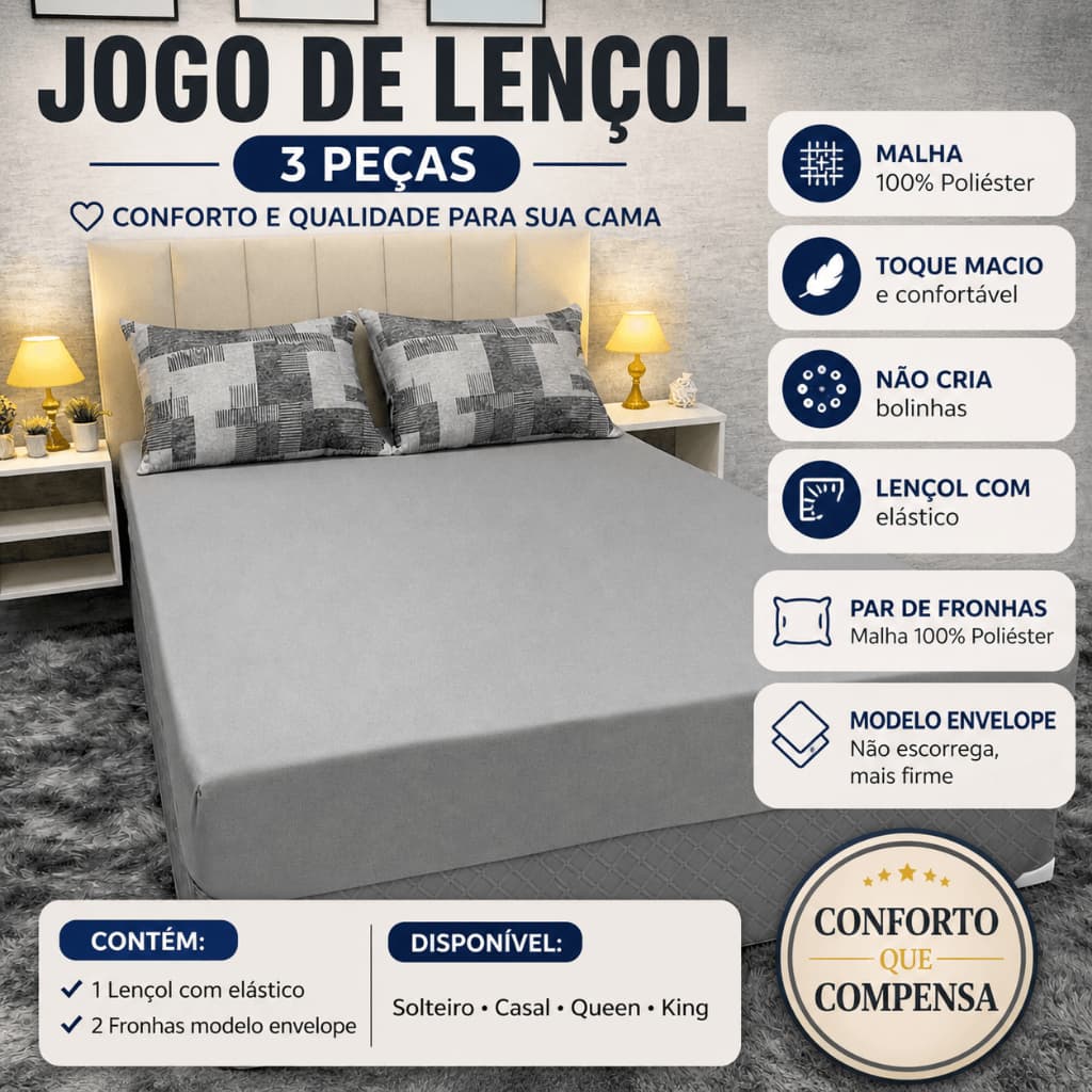 Lençol Casal Box Com Elástico 3 peças 300 Fios Acetinado