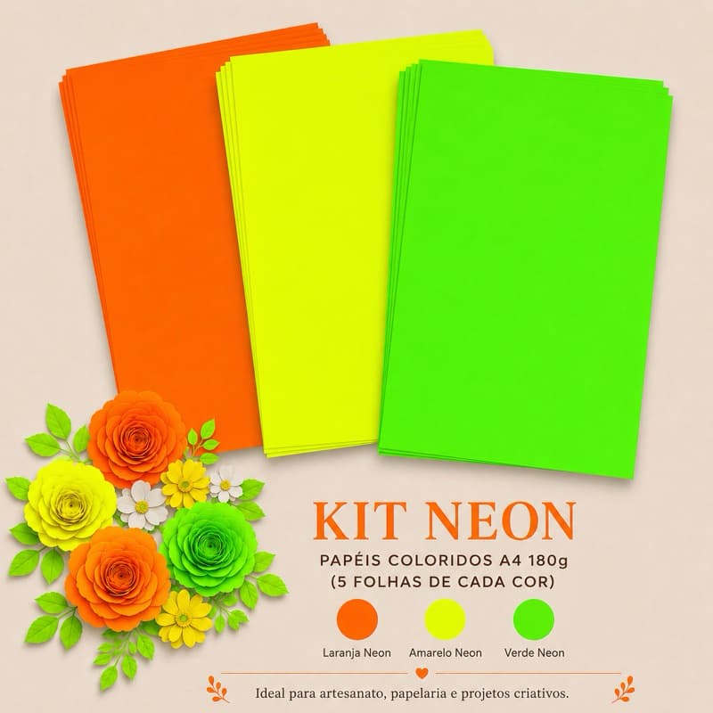 Kit Papel Neon A4 180g 15 Folhas Coloridas Laranja Amarelo Verde Neon Artesanato