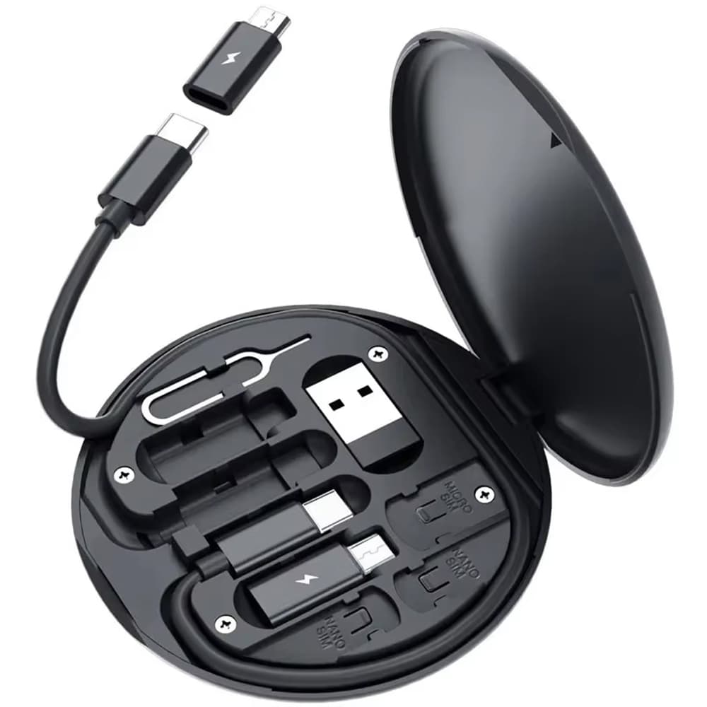 Cabo de Dados Multifuncional Preto - Armazenamento One-Stop e Suporte de Celular