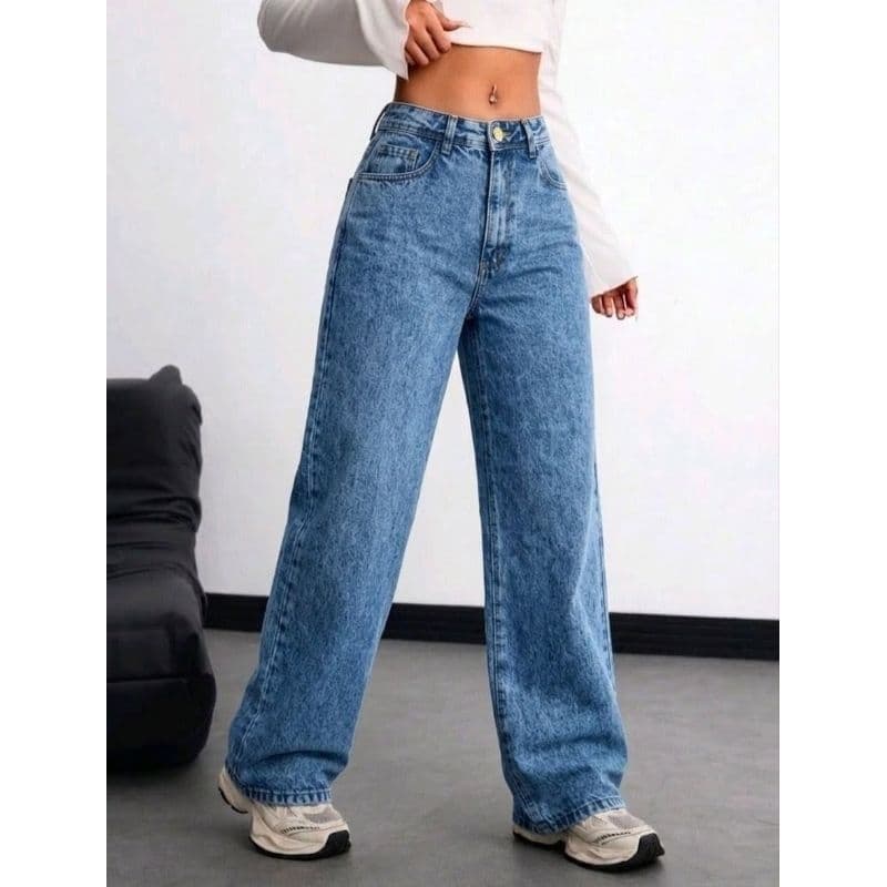 Calça Wide Leg Jeans Feminina Cintura Alta 100% Algodão Premium Pantalona - Marmorizada